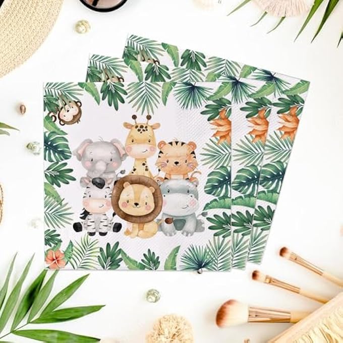 PACK OF 40 NAPKINS FOR CHILDREN'S BIRTHDAY, JUNGLE PARTY MOTIF, ANIMALS, LEAVES, GREEN FOR FOREST ANIMALS, BIRTHDAY AND NAPKINS ANIMALS, 33 X 33 CM, BOYS TABLE DECORATION, PARTY DECORATION - Image 5